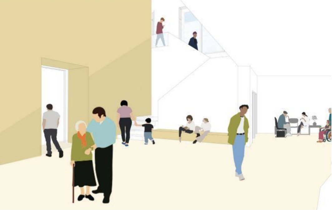 Artist impression of the stairway to the reception area, with a light, bright arrival to the practices